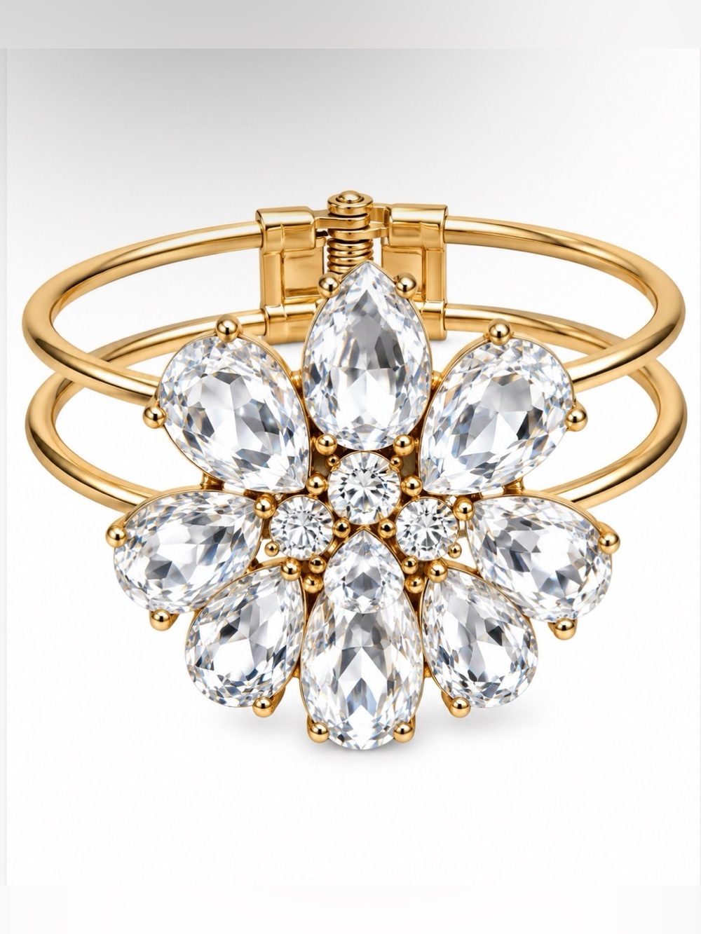 Gold Cuff Double Band Hinged Cuff Bracelet w/Crystal Flower Detailing